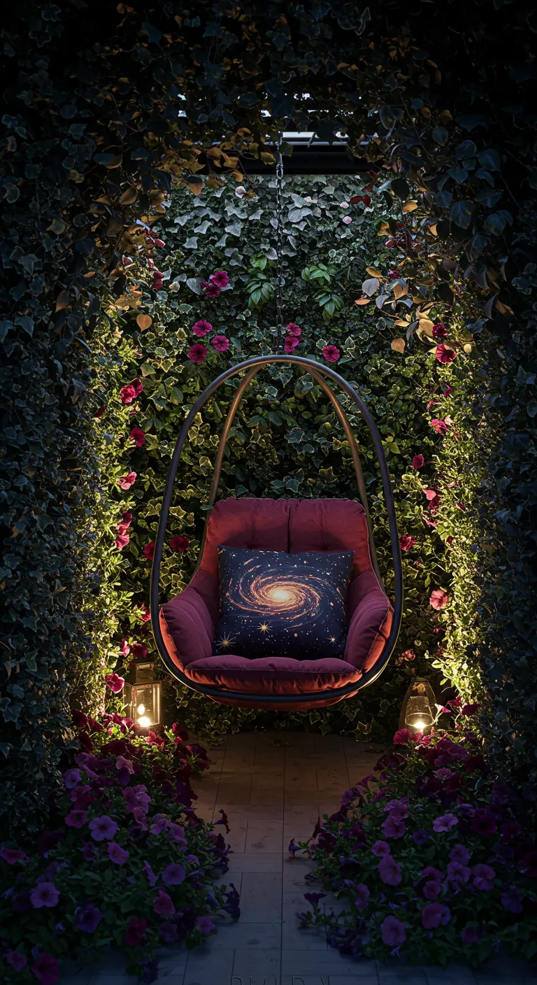 Hangstoel in een donkere, met klimop begroeide nis, met een kussen met een galaxy-print.