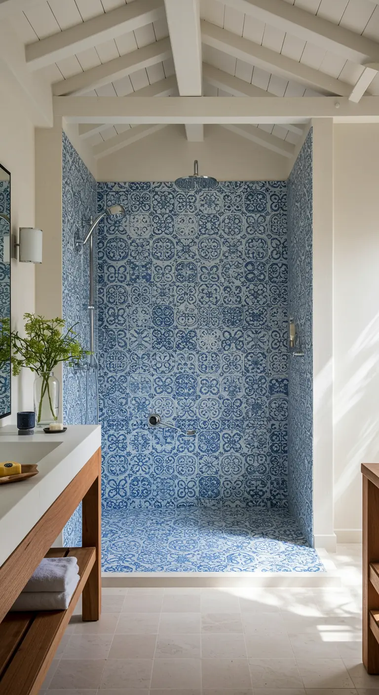 Inloopdouche volledig betegeld met blauw-witte Portugese patroontegels in een lichte badkamer.