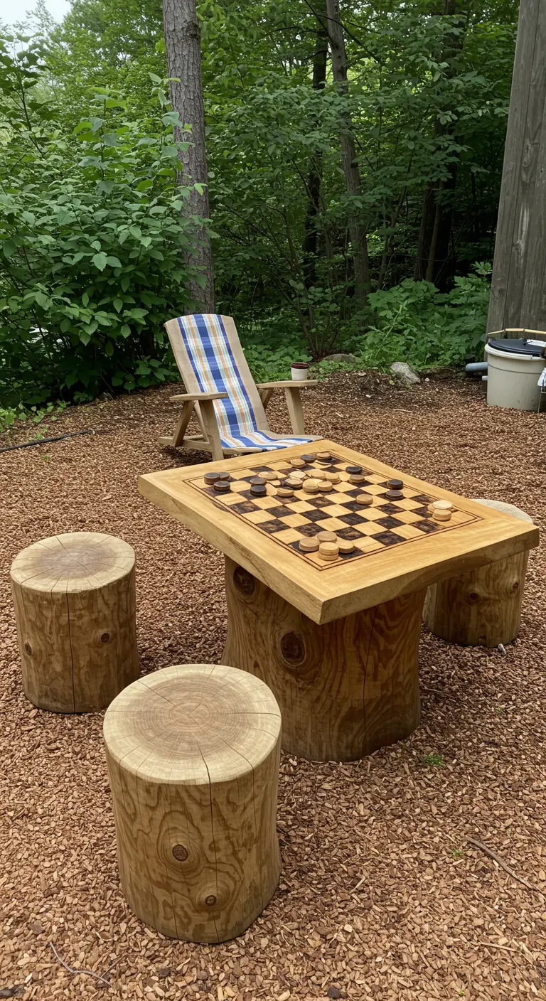 Houten damtafel met boomstammen als poten en krukjes in een tuin.