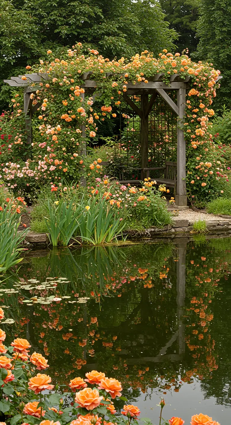 Houten prieel aan de rand van een vijver, overdekt met oranje rozen die in het water reflecteren.