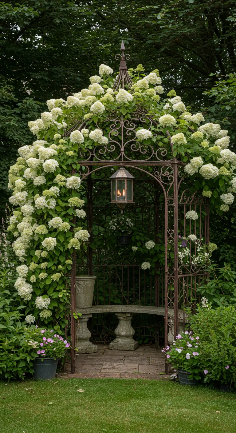 Smeedijzeren prieel overgroeid met witte klimhortensia's, met een brandende lantaarn erin.