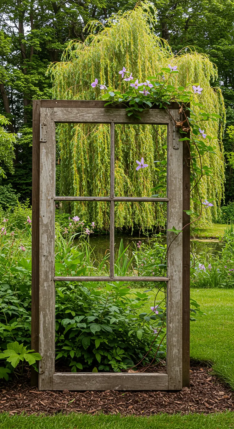 Oud houten raamkozijn zonder glas, geplaatst in een tuin, kadreert het groene landschap erachter.