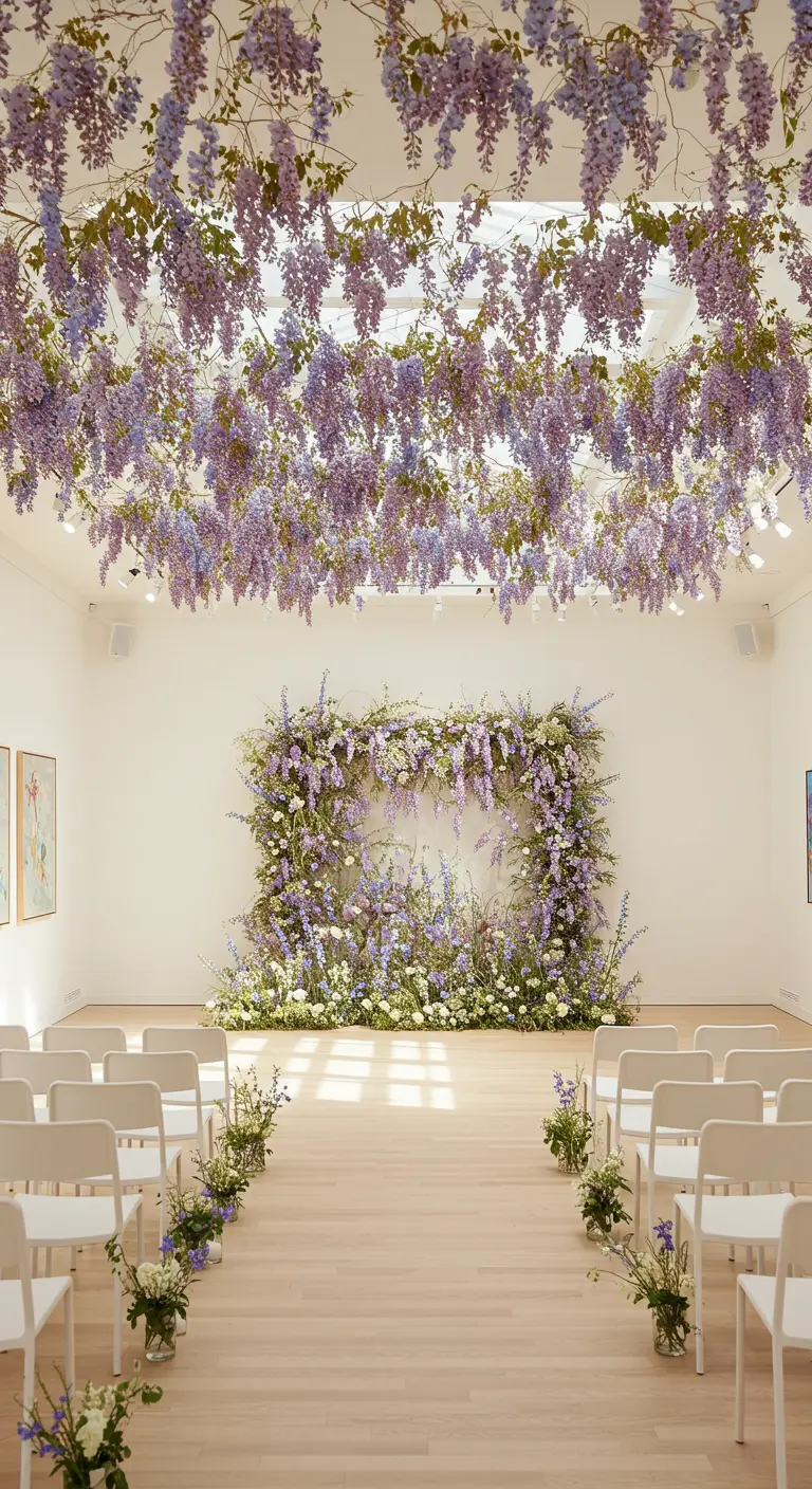 Witte ceremonieruimte met een plafond vol hangende paarse bloemen en een bijpassende bloemenboog.