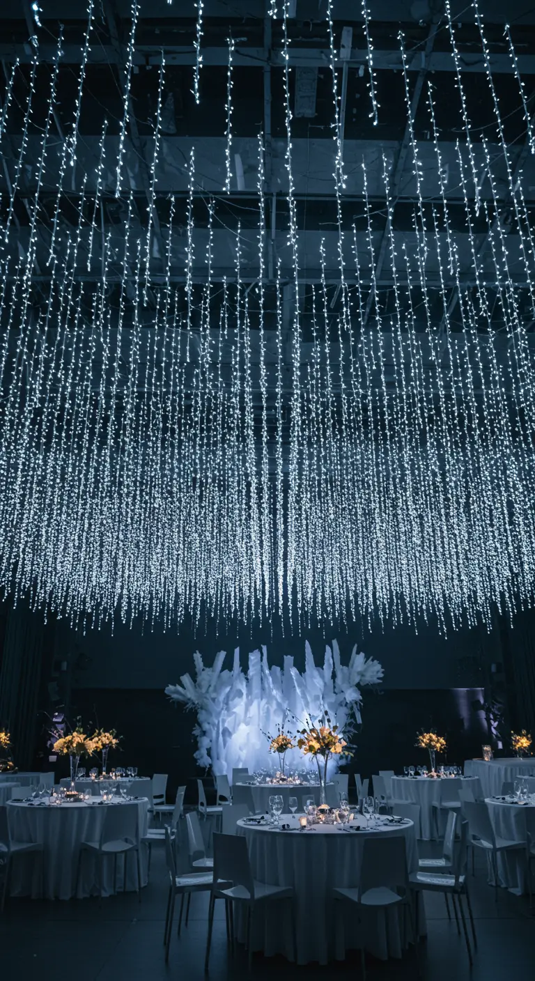 Plafond van een donkere zaal, volledig bedekt met verticaal hangende, witte lichtjes.