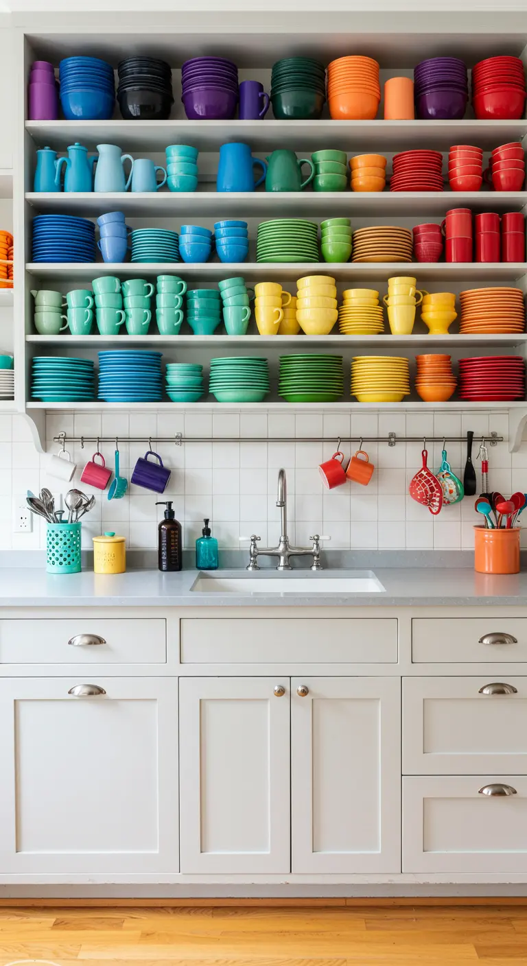 Witte open kasten met servies dat gesorteerd is op de kleuren van de regenboog.