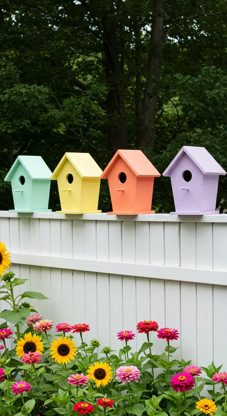 Vier vogelhuisjes in pasteltinten op een witte houten schutting.