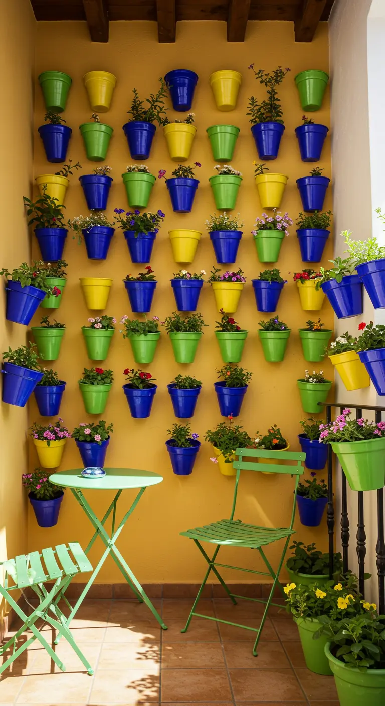 Gele balkonmuur vol met kleine groene, blauwe en gele bloempotten.