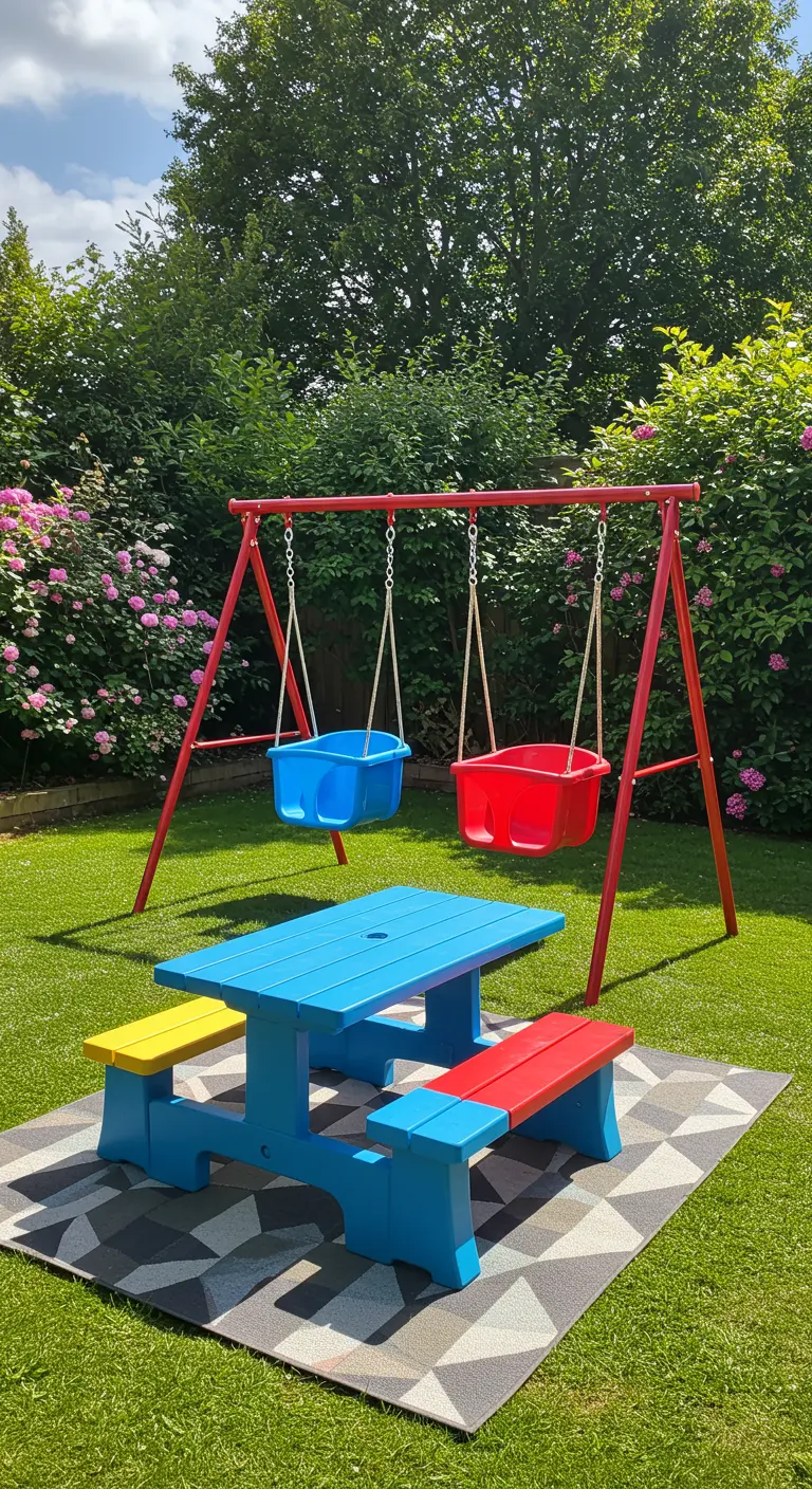 Rood metalen schommelrek met blauwe en rode schommels, plastic picknicktafel en felgekleurde zittingen.