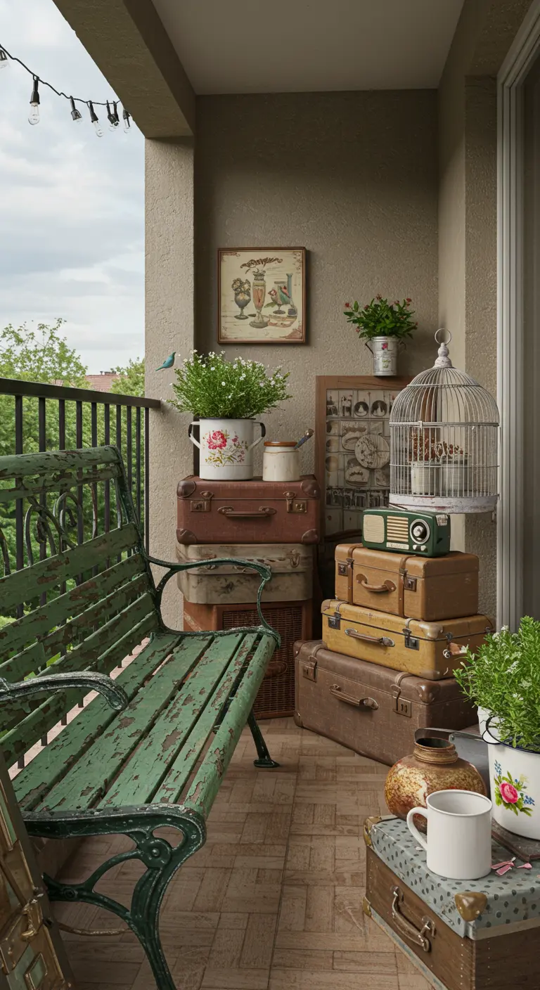 Vintage balkon met een groen verweerd bankje, gestapelde oude koffers en een decoratieve vogelkooi.