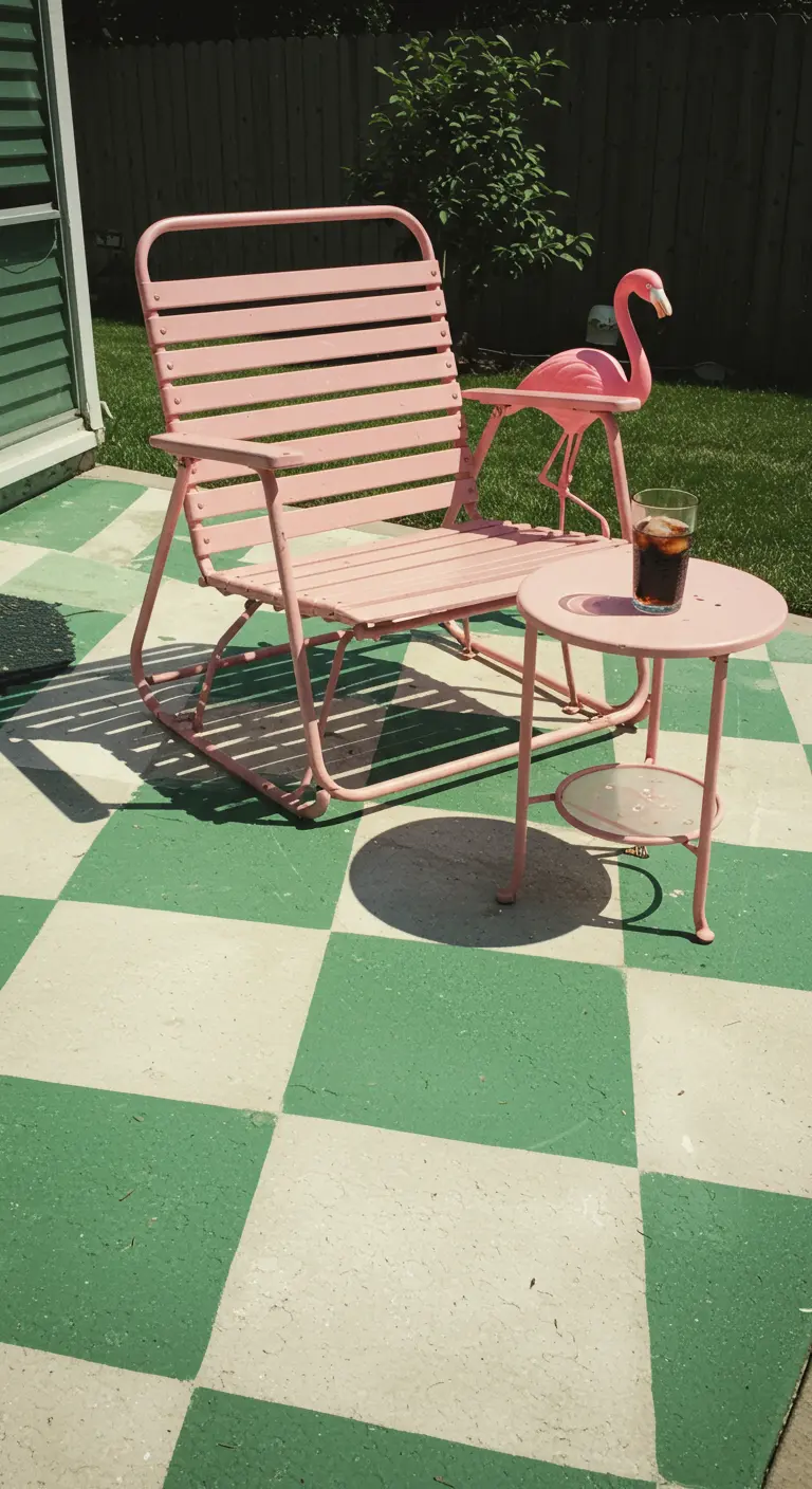Roze retro schommelstoel op een groen-wit geblokte, geschilderde terrasvloer.
