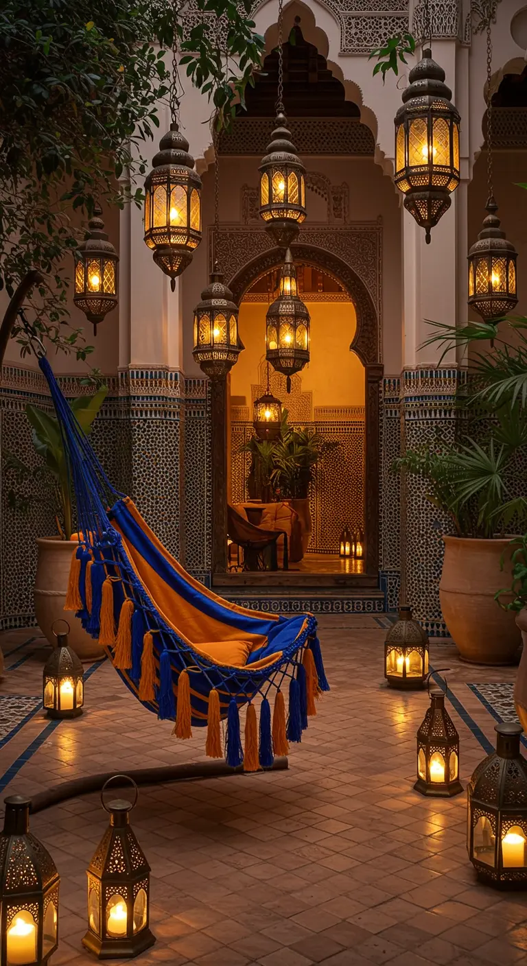 Hangmat in koningsblauw en oranje in een sfeervolle Marokkaanse riad.