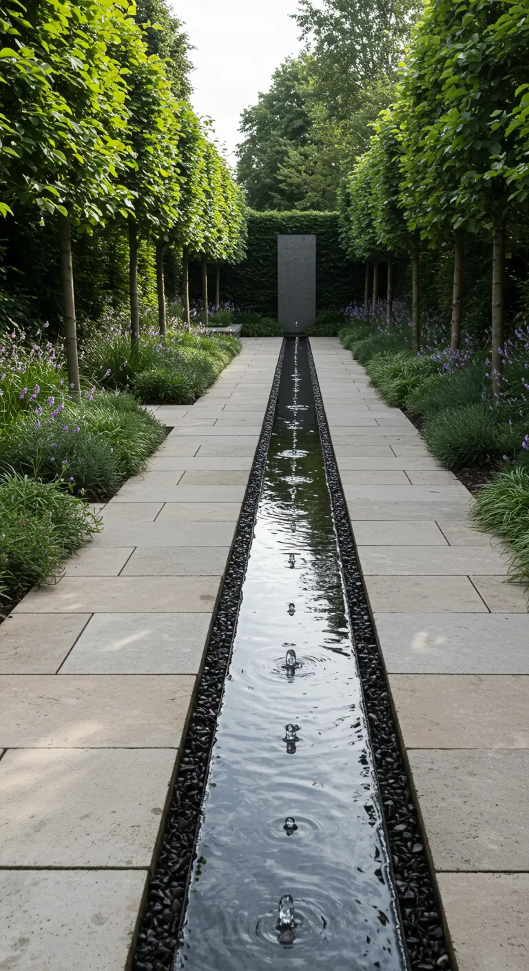 Lange, smalle waterloop met borrelende fonteintjes in een formele tuin.
