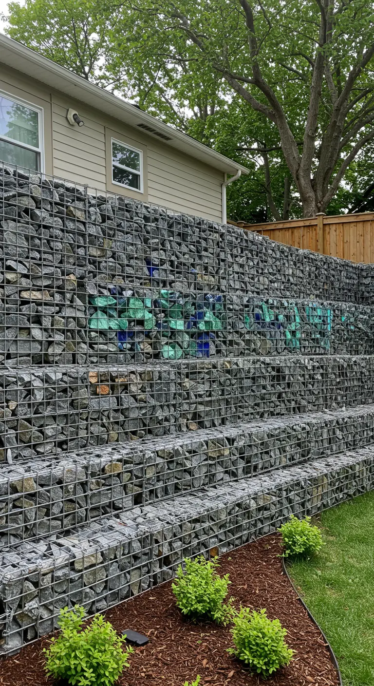 Schanskorfmuur gevuld met grijze stenen, met een horizontaal patroon van groene en blauwe glasbrokken.