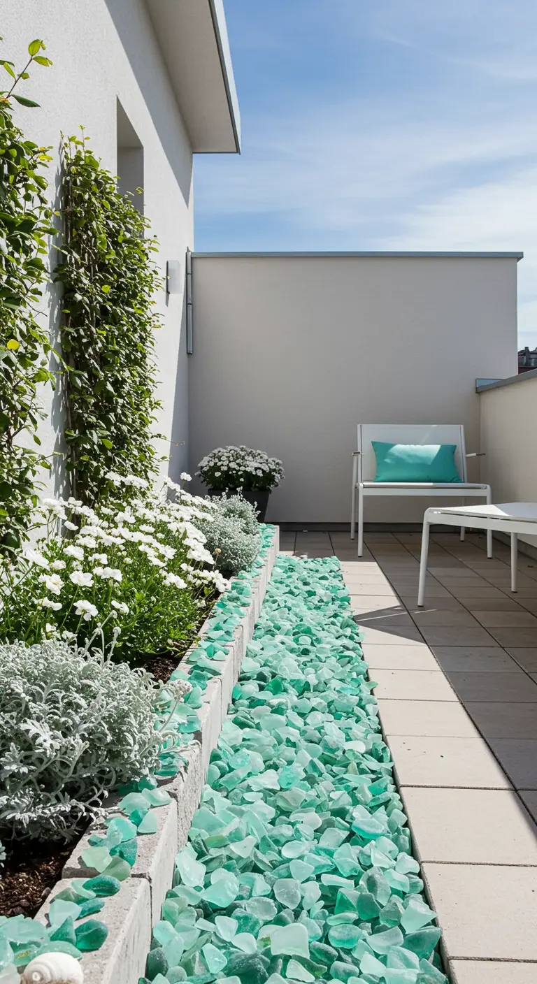 Lange border op een balkon, gevuld met stukjes turkoois-blauw tuimelglas.