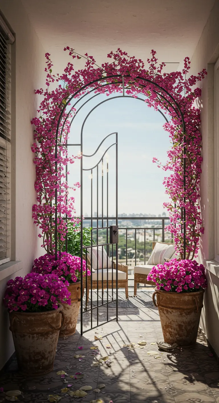 Balkonopening met een metalen boog, begroeid met roze bloemen, die als poort fungeert.
