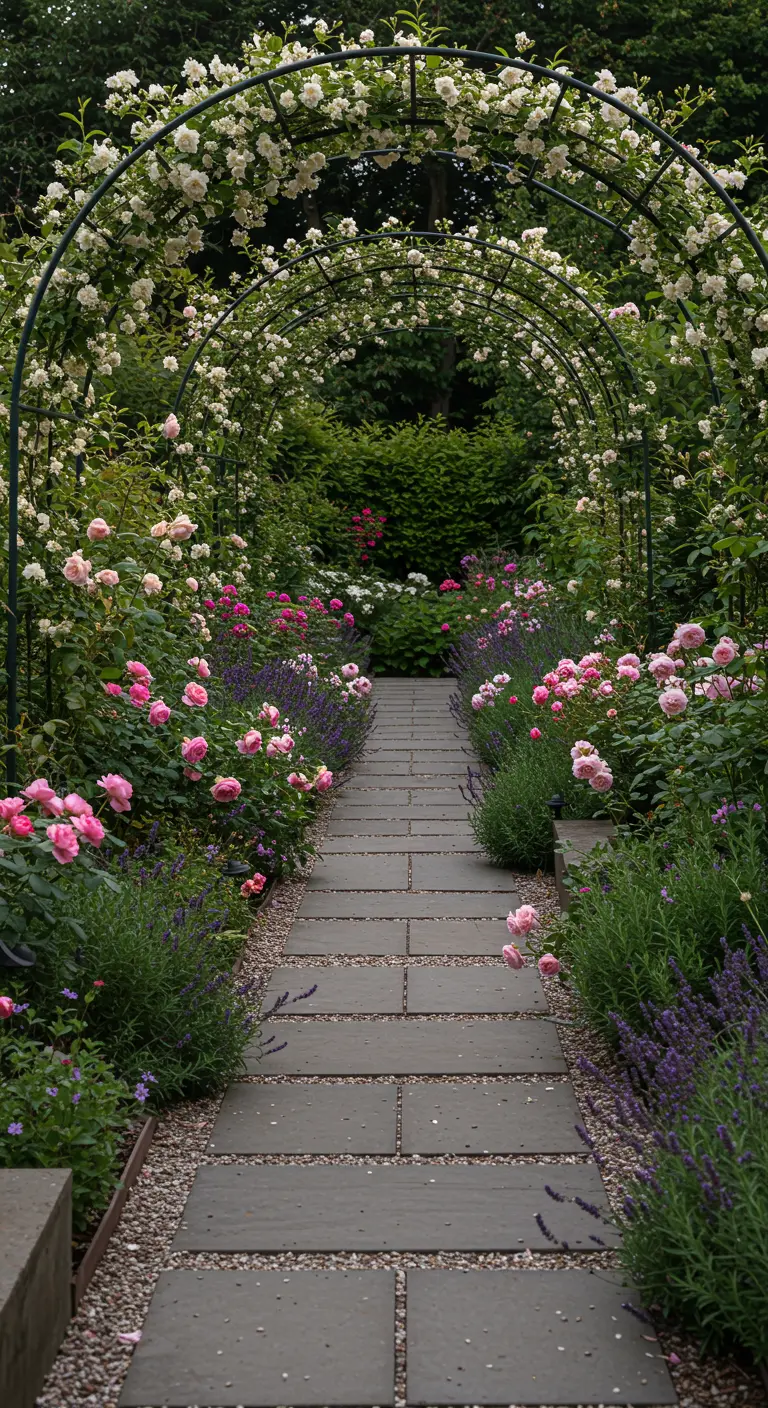 Tuinpad onder een weelderige boog van witte rozen, geflankeerd door roze rozen en lavendel.