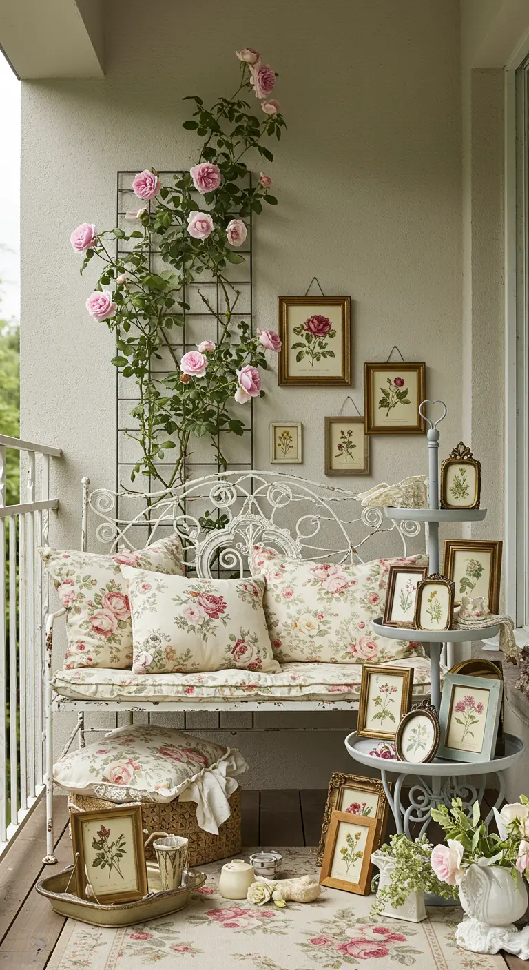 Romantisch balkon met wit bankje, klimrozen en een verzameling botanische prints.