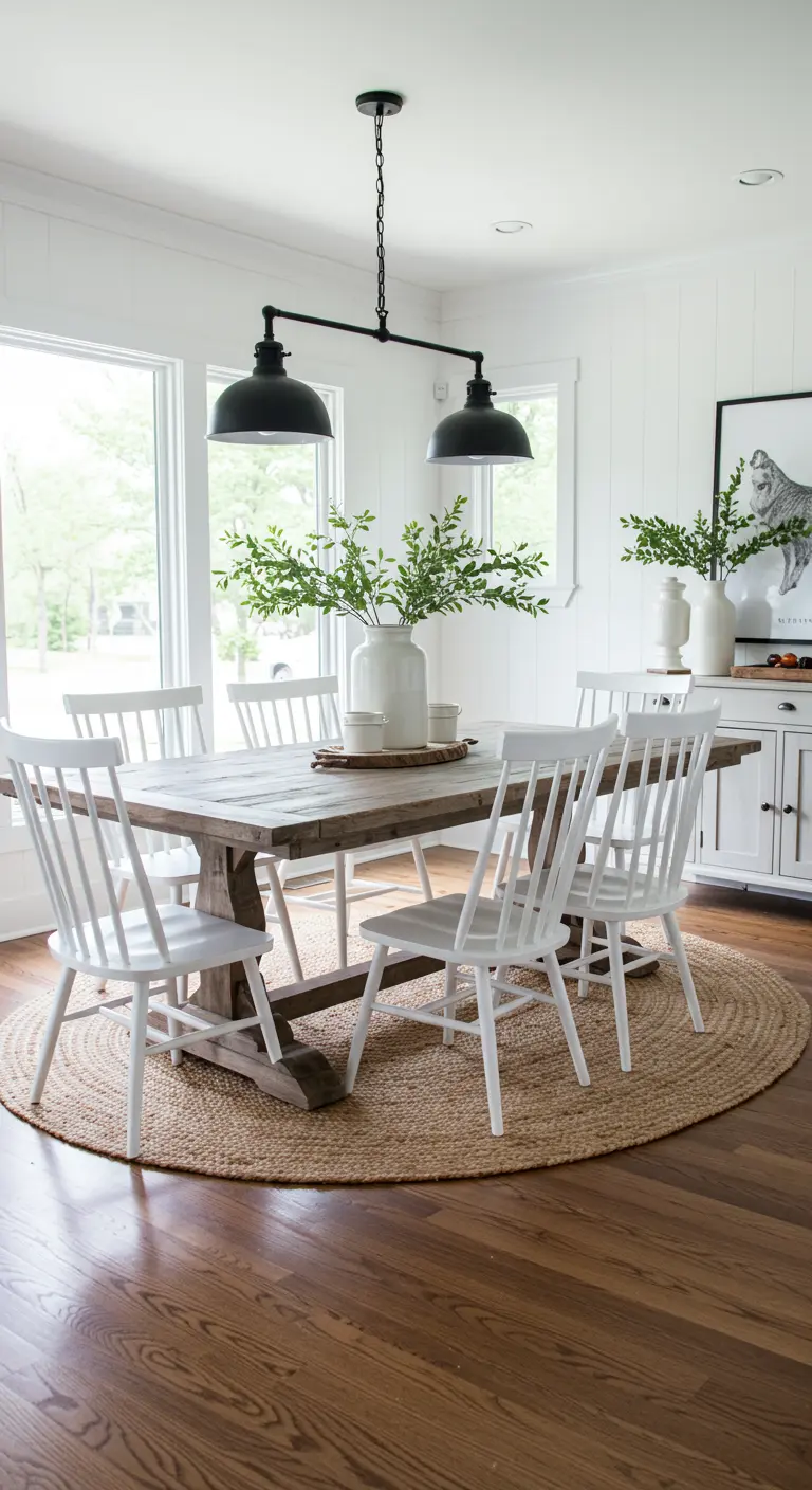 Farmhouse eetkamer met een robuuste houten tafel op een groot, rond jute tapijt.