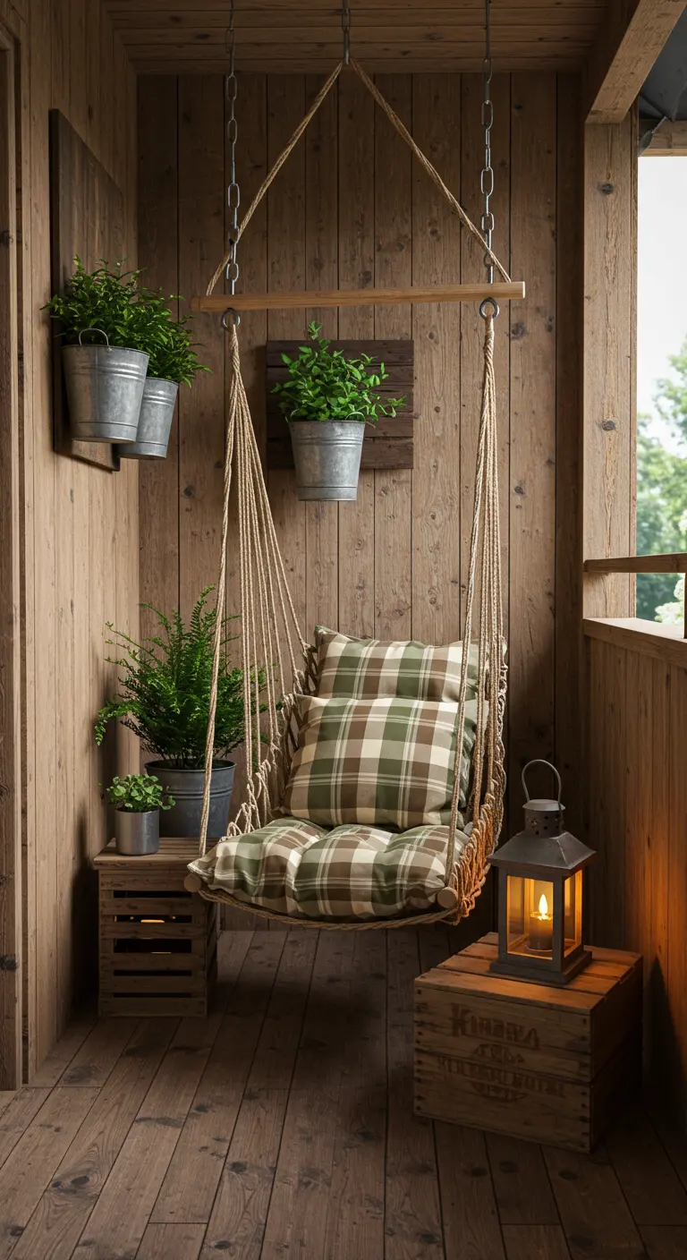Houten hangstoel met geruite kussens in een volledig met hout beklede balkonhoek, met planten in zinken emmers.