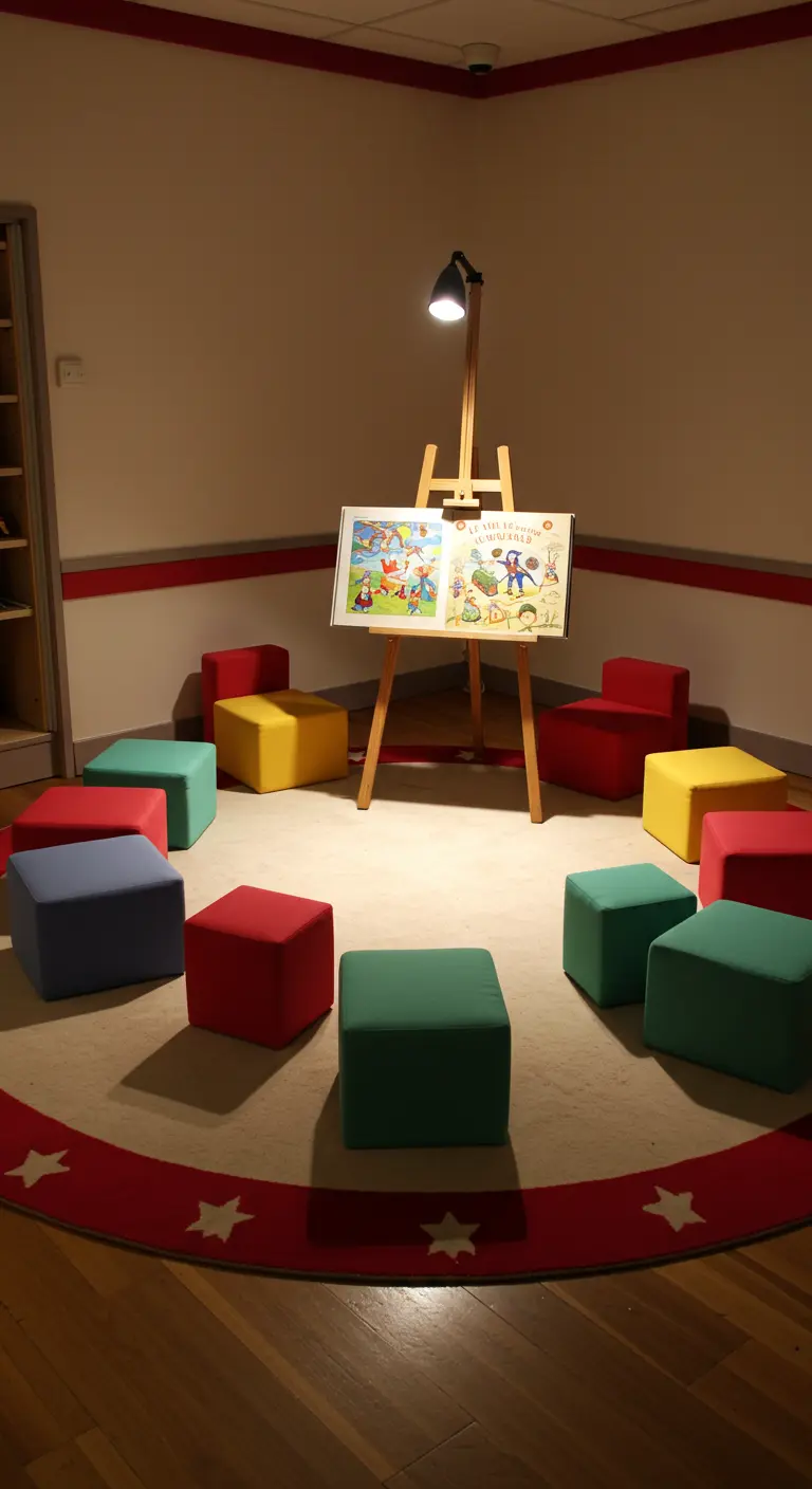 Rustige leeshoek voor kinderen met kleurrijke zitkubussen op een rond tapijt.