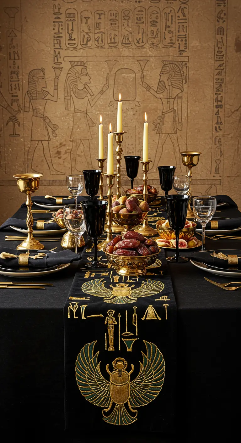 Eettafel in Egyptische stijl met geborduurde loper en gouden kelken.