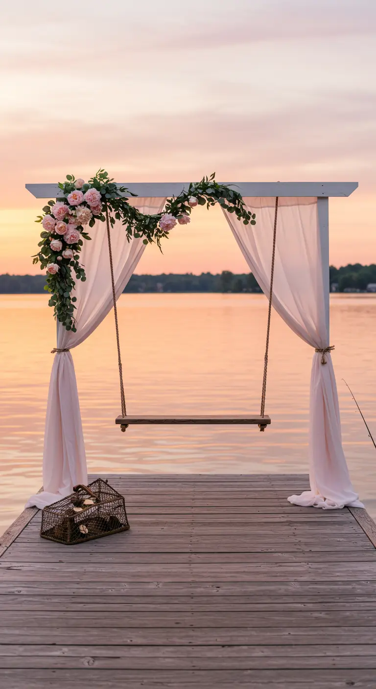 Houten schommel op een steiger aan het water, versierd met roze doeken en bloemen.