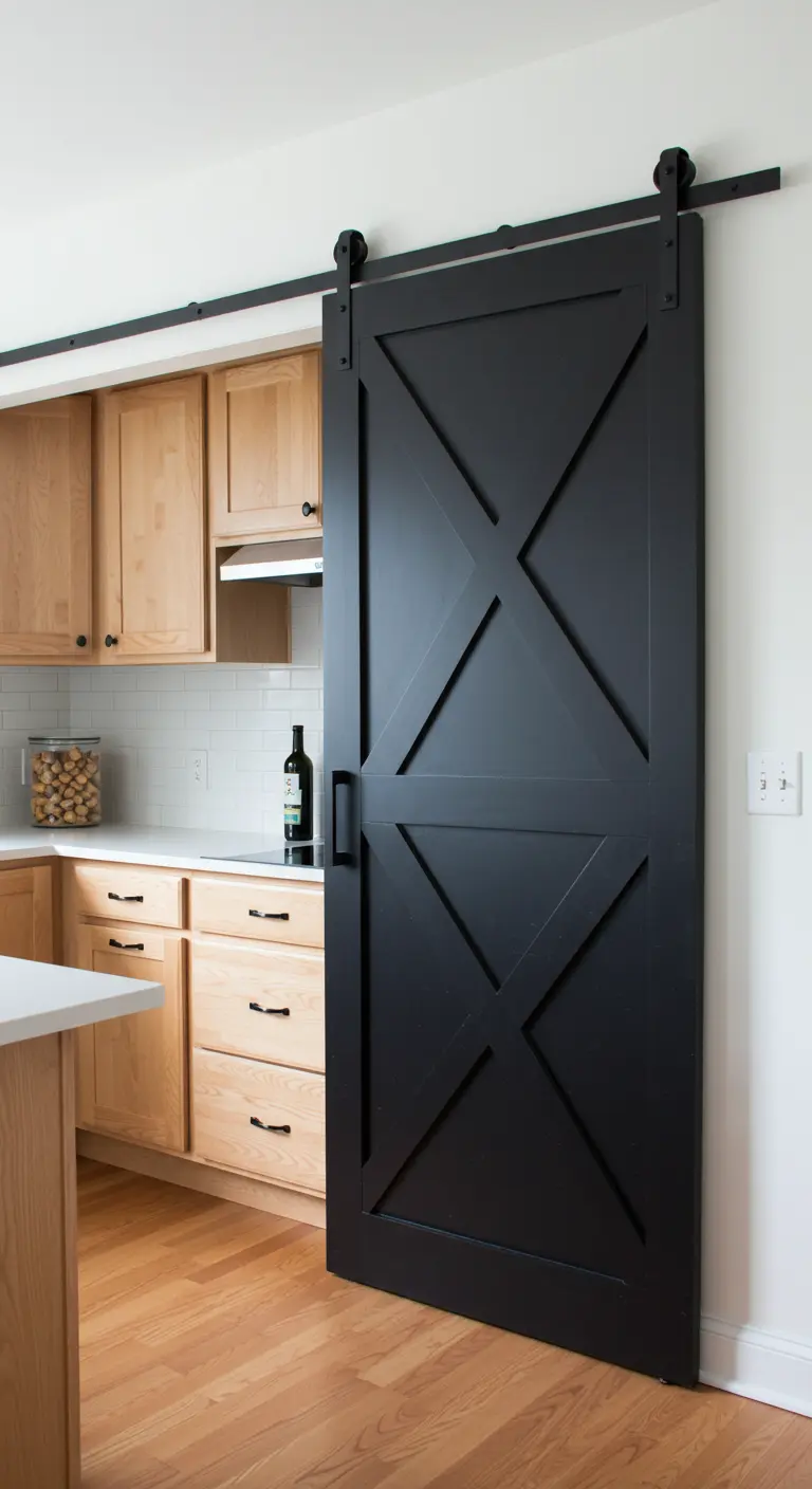 Zwarte houten schuifdeur in barn door-stijl in een lichte, landelijke keuken.