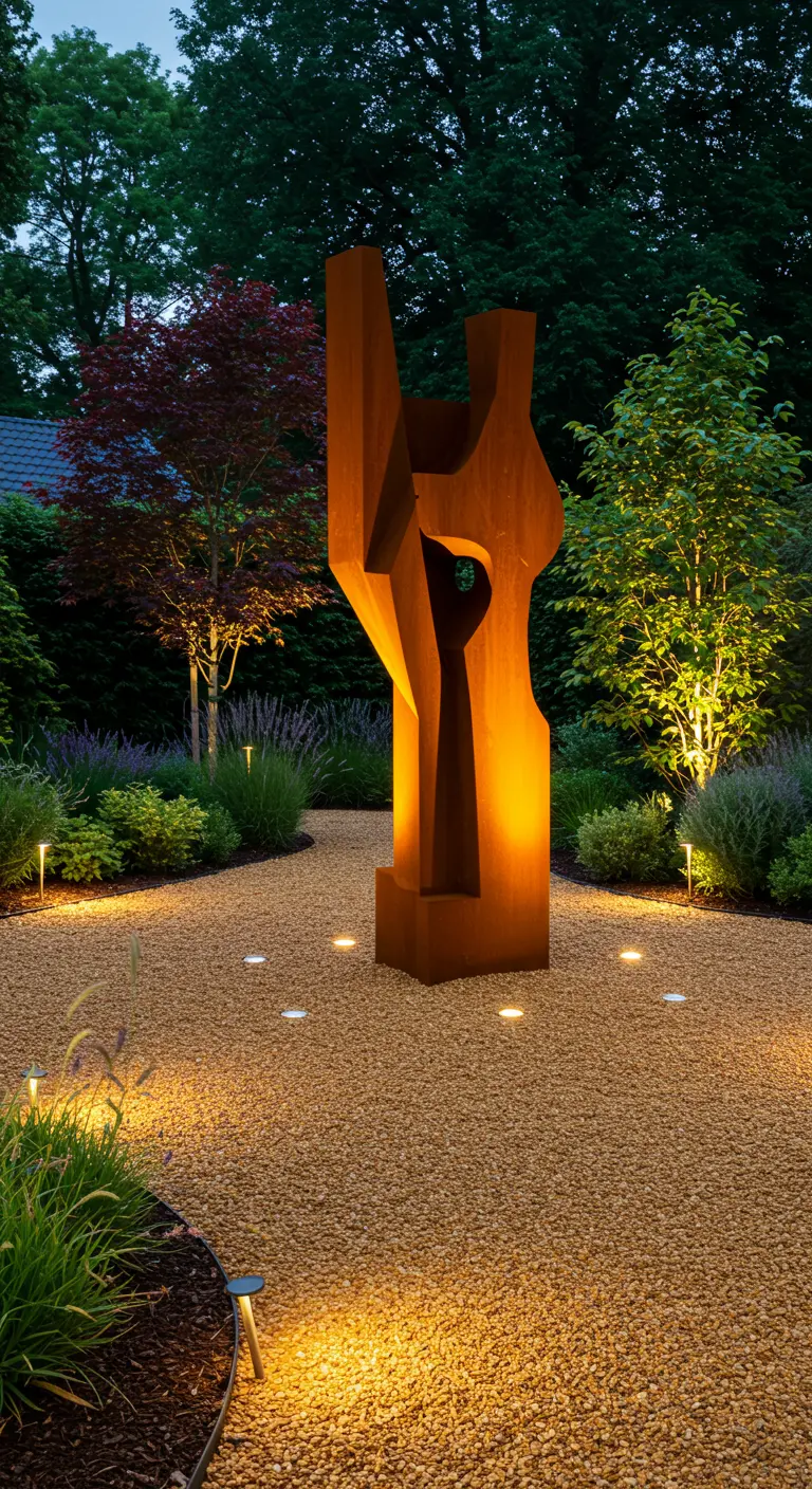 Groot cortenstalen beeld in een tuin met grind, van binnenuit verlicht.