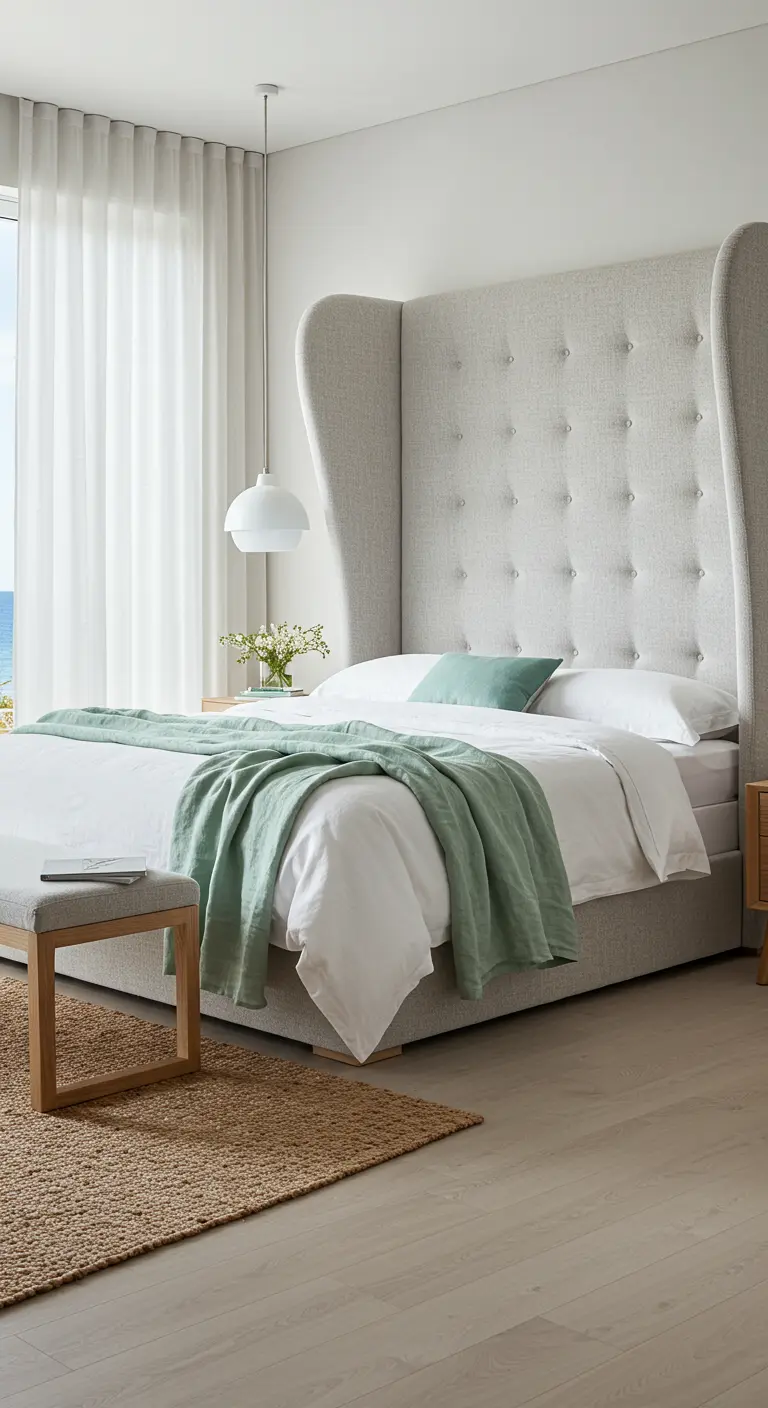 Lichte slaapkamer met een hoog, gecapitonneerd lichtgrijs hoofdbord met 'vleugels' en een saliegroene sprei.