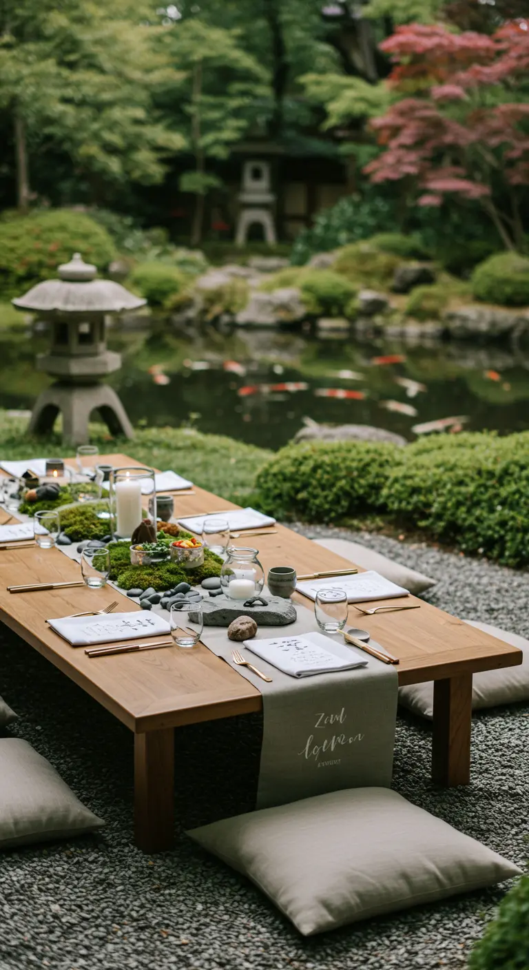 Lage houten tafel in een Japanse tuin met kussens, een mosloper en stenen.