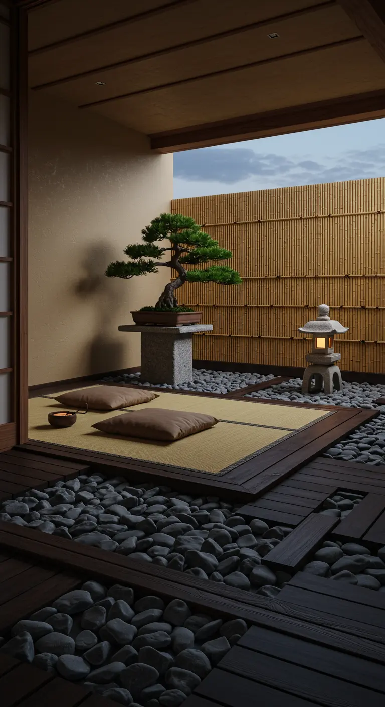 Japans balkon met donker hout, grijze kiezels, een tatami-mat en een bonsaiboompje.