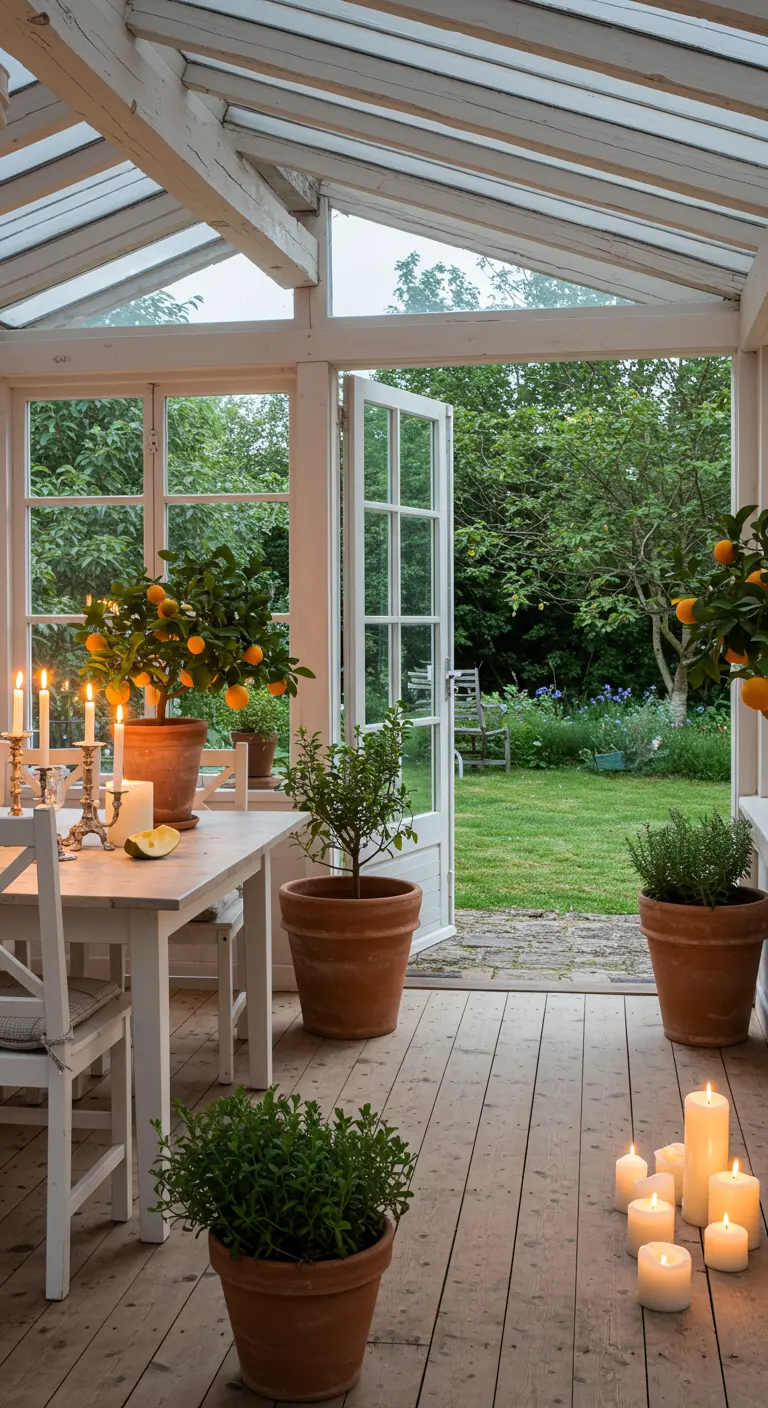 Lichte, witte serre met citrusbomen in potten, een witte eettafel en kaarslicht.