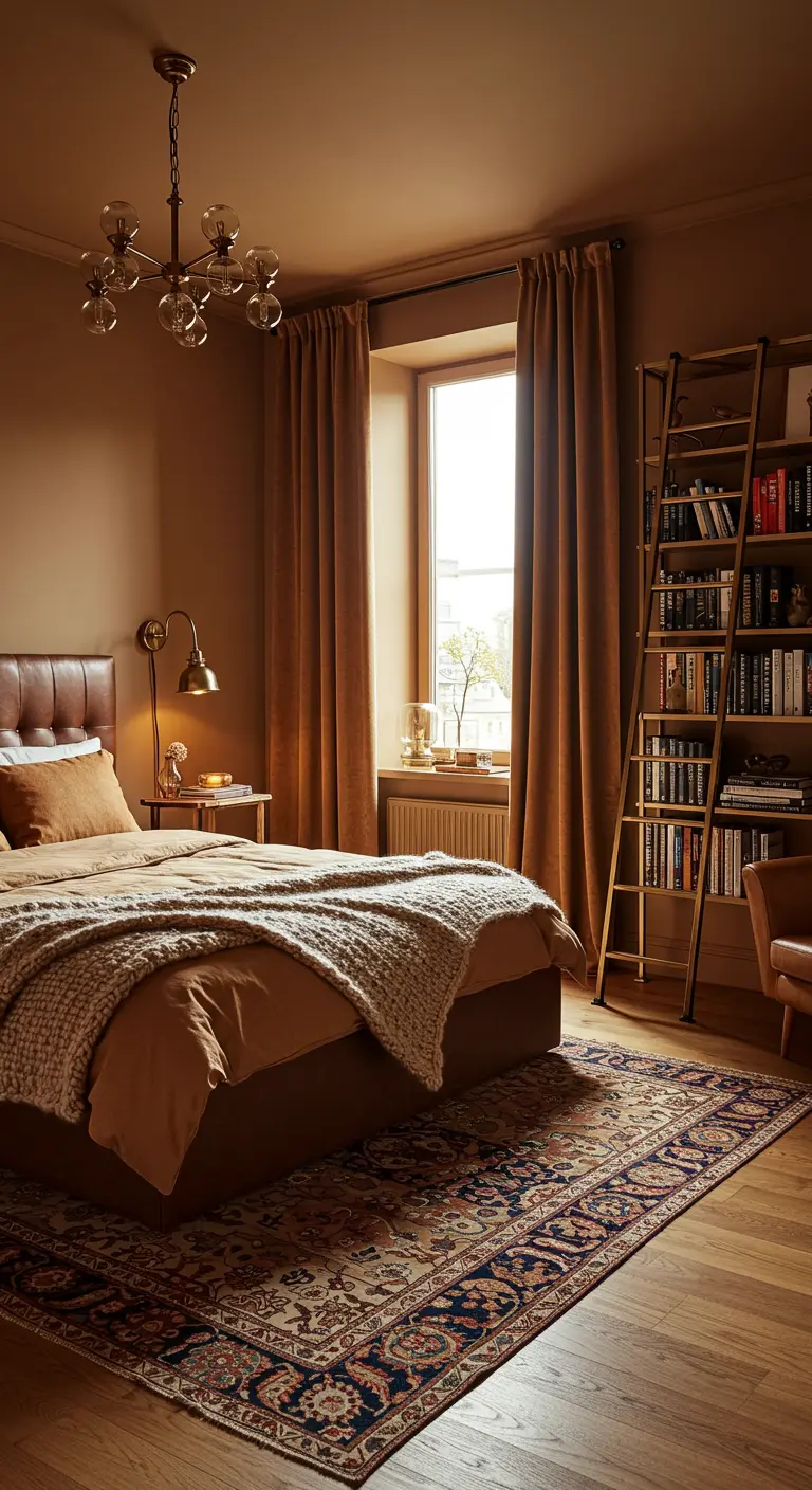 Slaapkamer in bibliotheekstijl met karamelkleurige fluwelen gordijnen en een ladderkast.