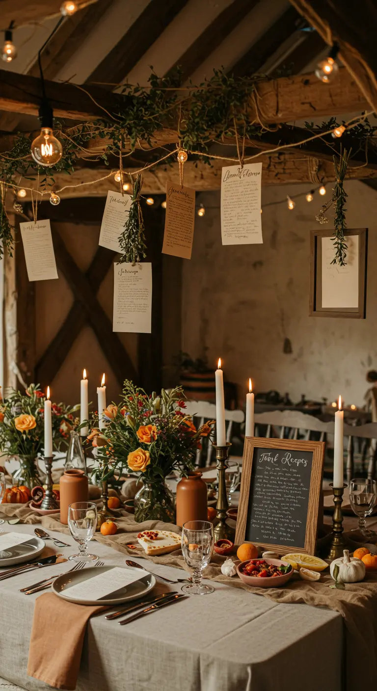 Rustieke dinertafel met kaarsen en handgeschreven briefjes die aan een slinger met lichtjes hangen.