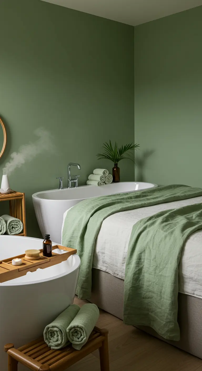 Serene kamer met saliegroene muren, een vrijstaand bad en een bed met groene linnen plaid.