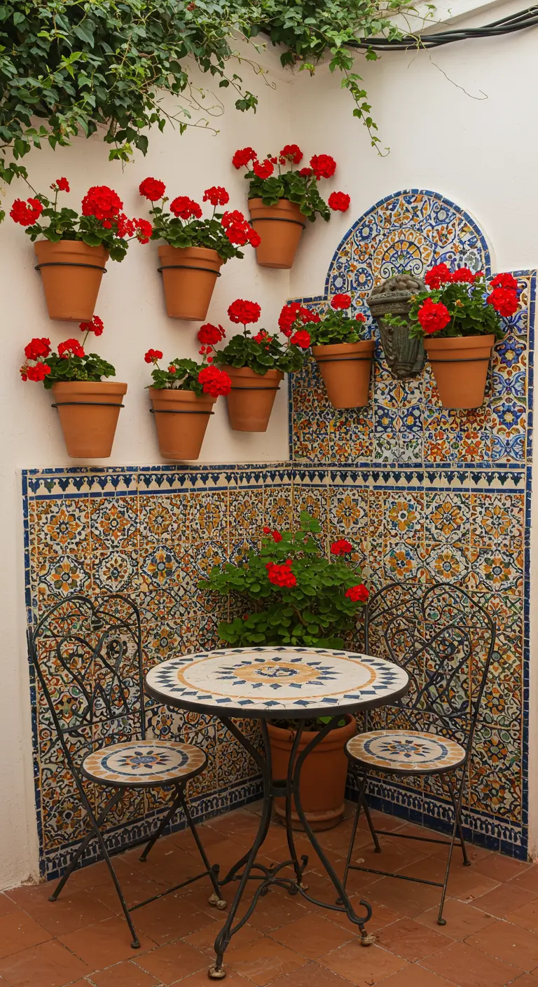 Spaanse patio met mozaïektegels, hangende potten met rode geraniums en een bistrosetje.