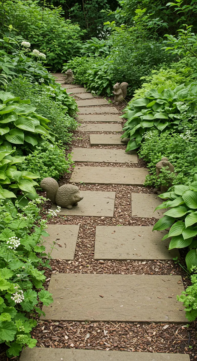 Tuinpad met stapstenen geflankeerd door stenen eekhoorns en egels tussen de hosta's.