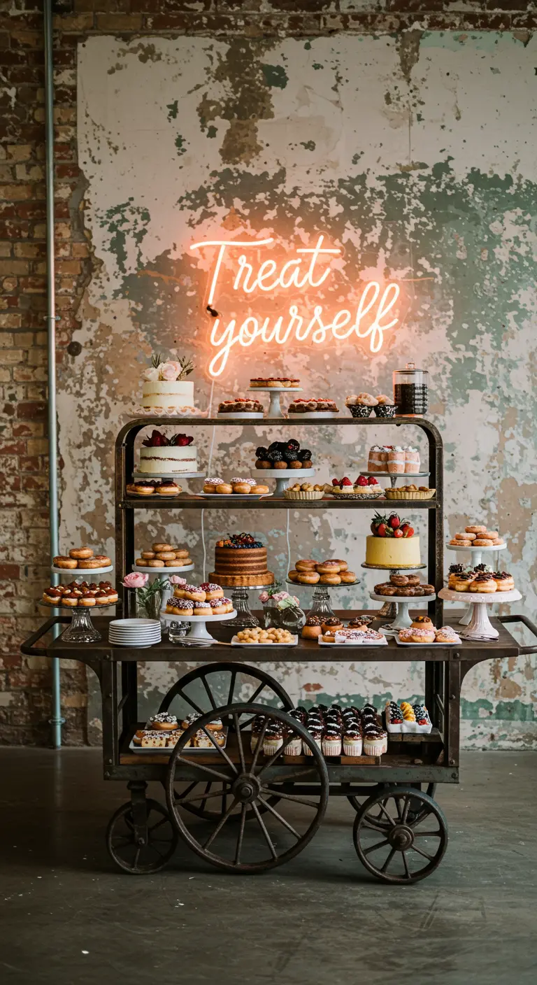 Industriële dessertkar met een oranje neon-bord 'Treat Yourself' erboven.