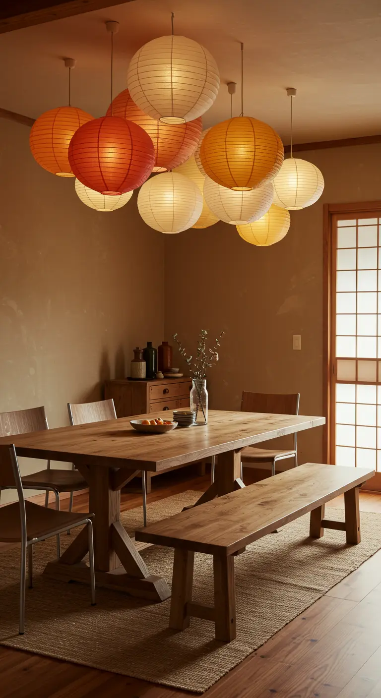 Eetkamer met een cluster van oranje en witte rijstpapieren lampionnen.