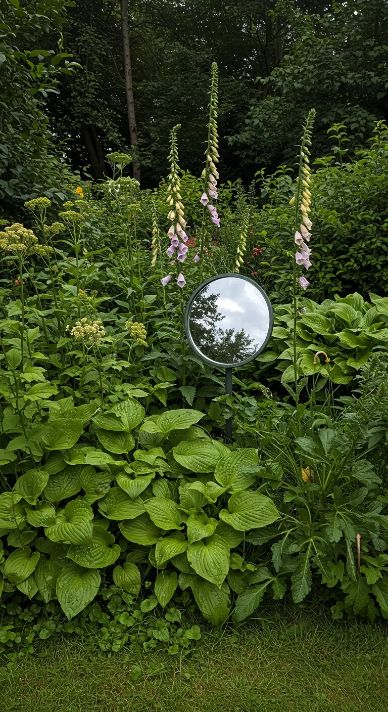 Kleine ronde spiegel op een stok tussen hoge groene hosta's.