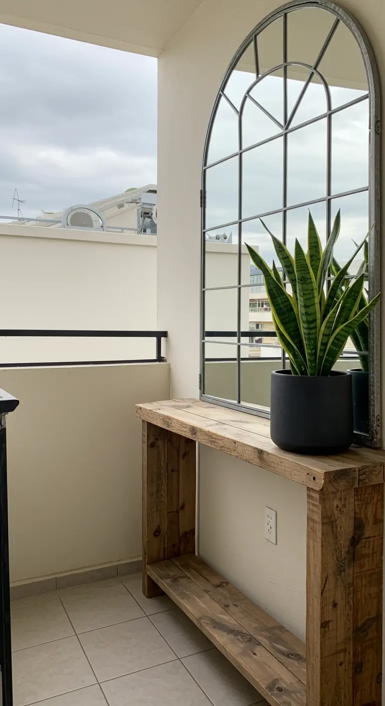 Rustieke houten sidetable op een balkon met een grote boogspiegel die de ruimte vergroot.
