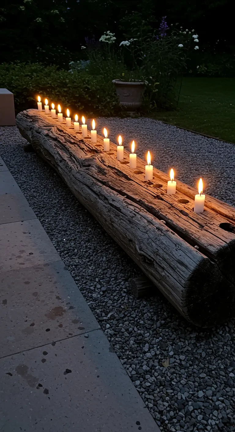 Lange, verweerde boomstam met een rij brandende kaarsjes erin.