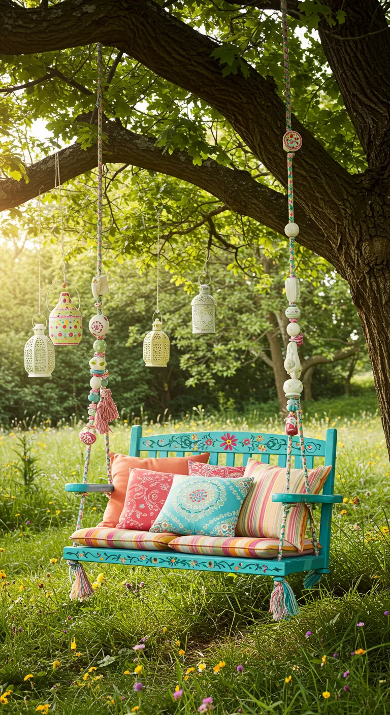 Turquoise houten schommelbank onder een boom met kleurrijke kussens en lantaarns.
