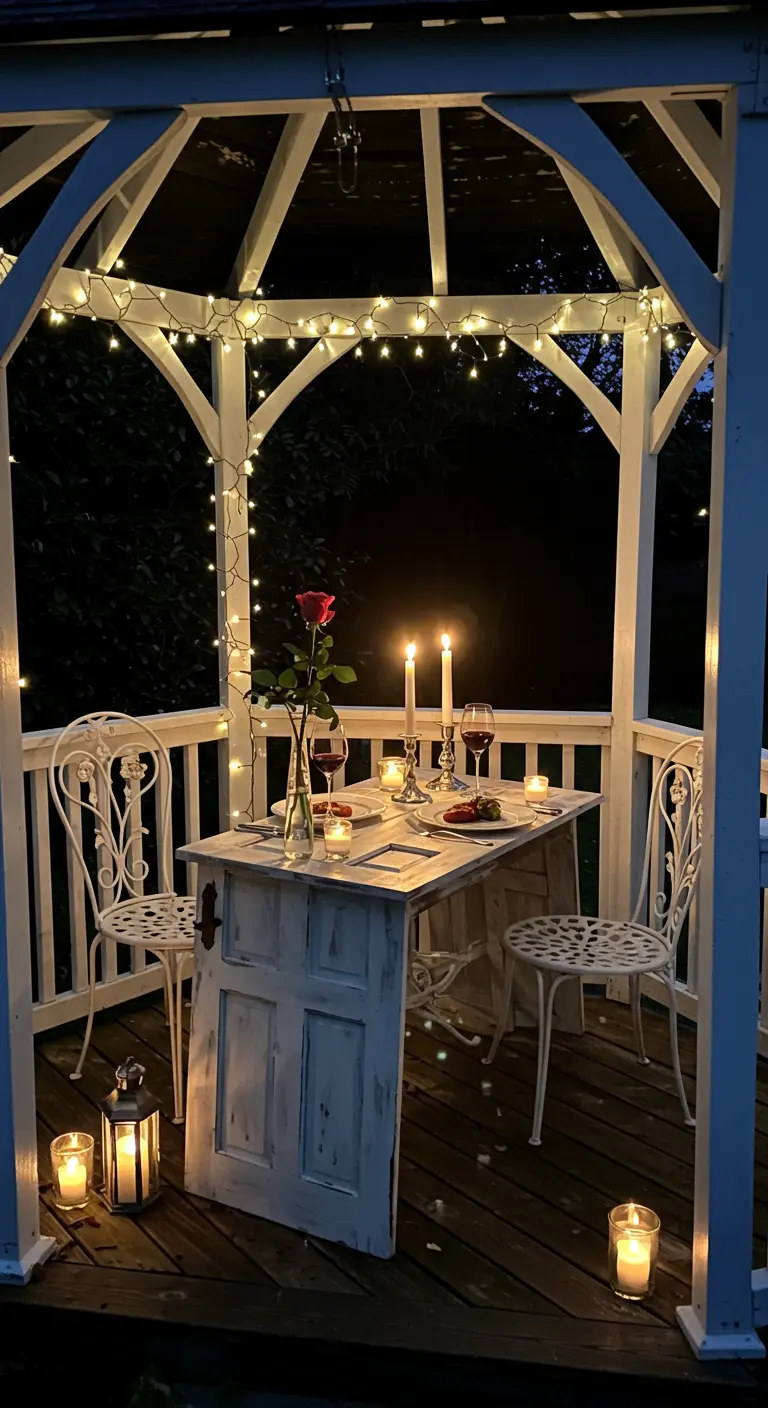 Kleine, witte deurtafel in een prieel, verlicht met lichtslingers en kaarsen voor een romantisch diner.