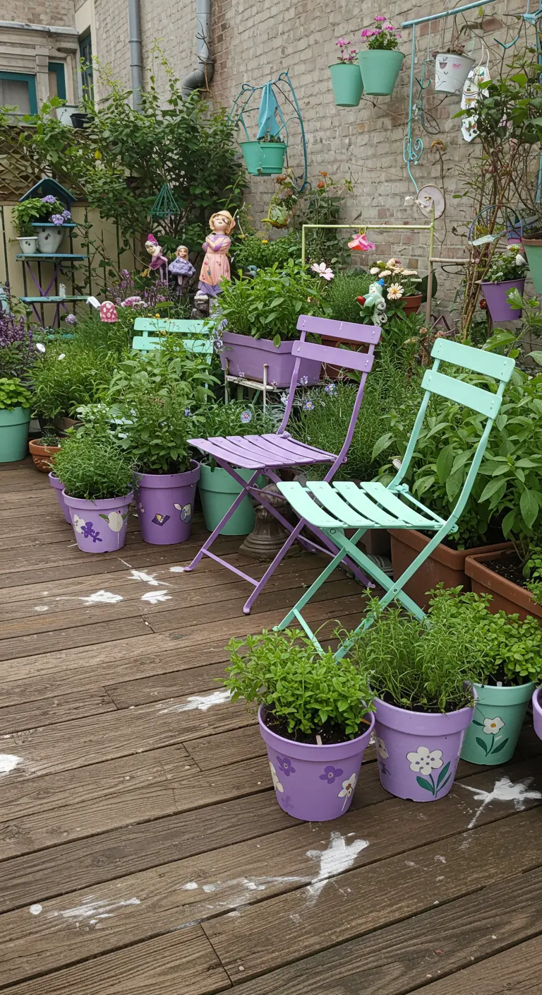 Speelse stadstuin met klapstoelen en bloempotten in pastelkleuren.