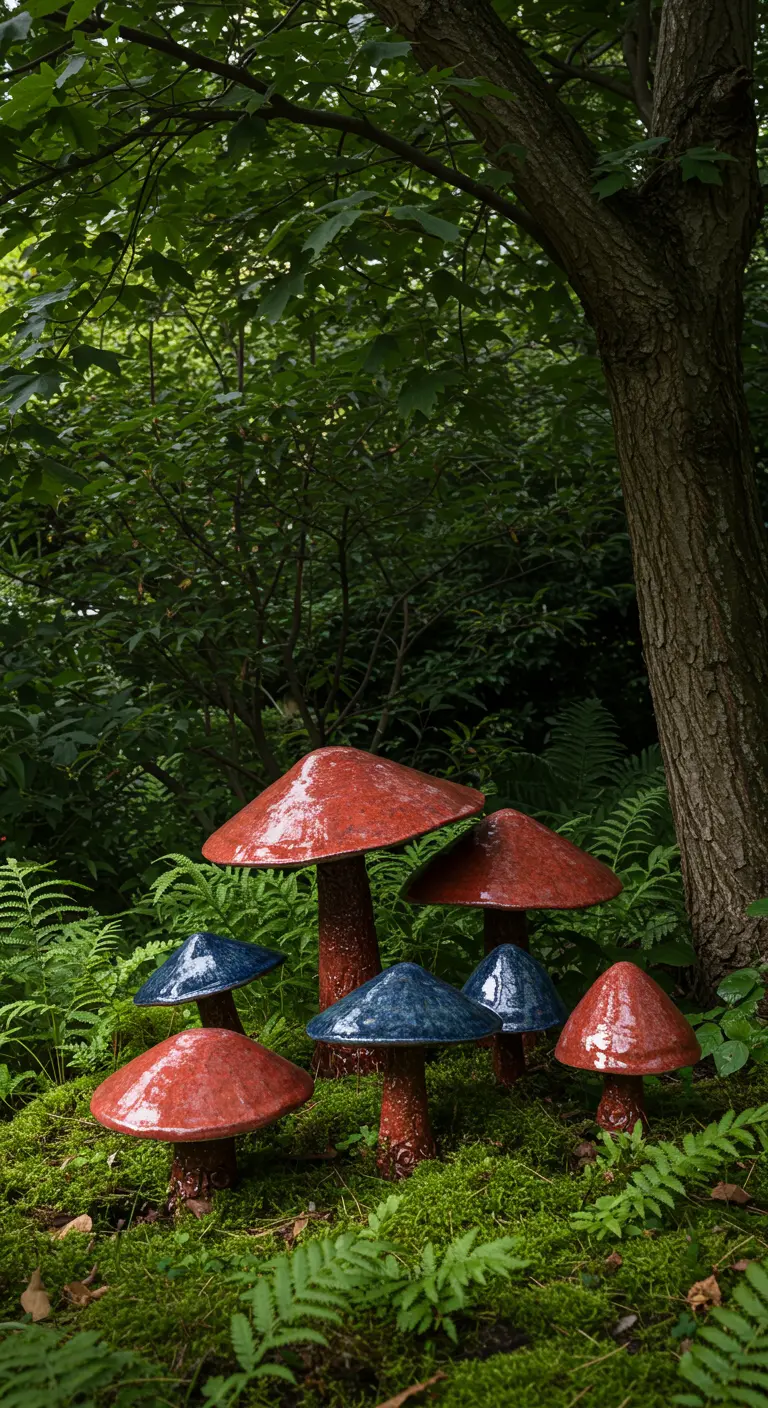 Gekleurde keramieken paddenstoelen in een groep op een mossige ondergrond in het bos.