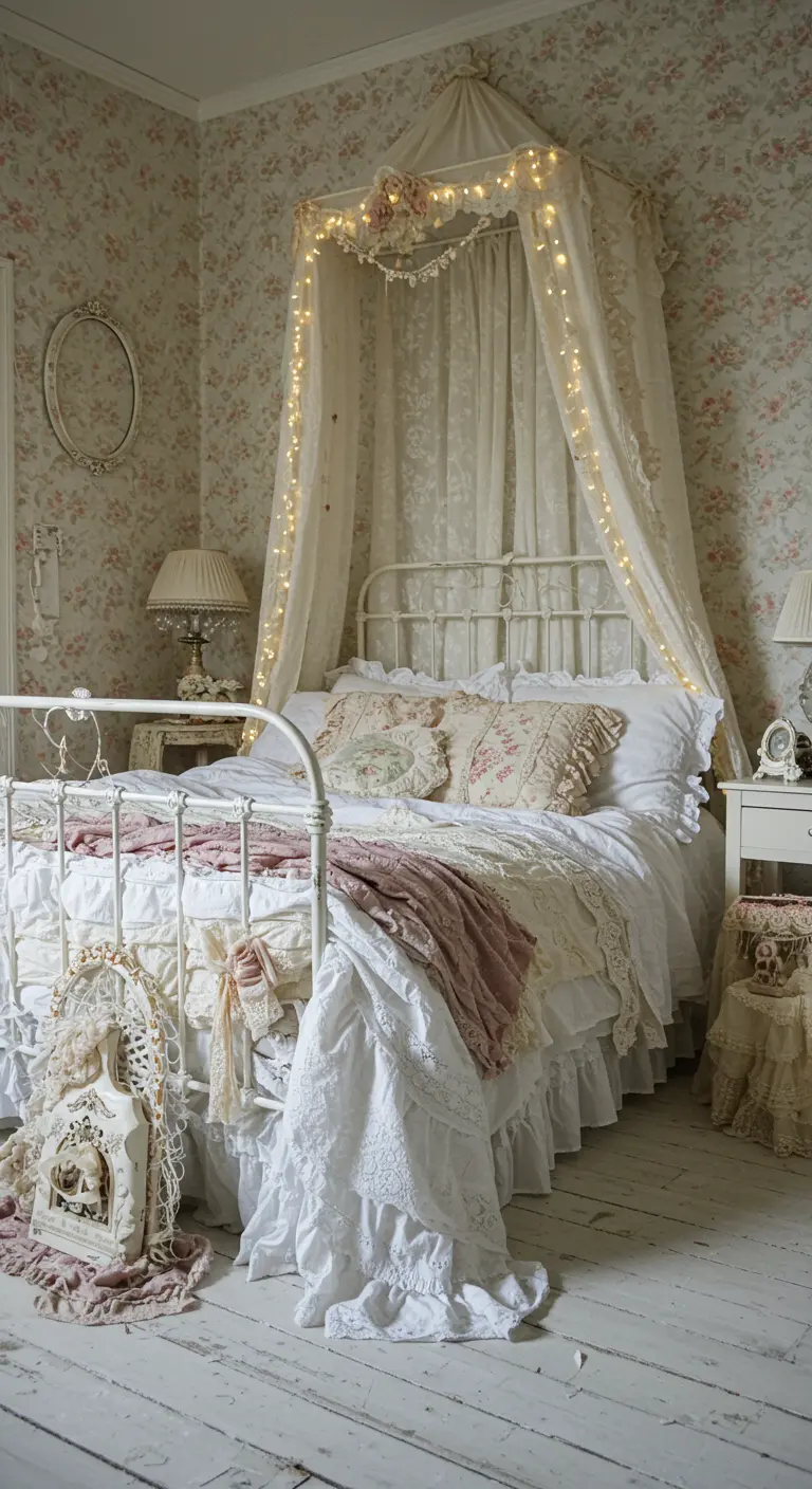 Wit metalen bed met een kanten hemel vol lichtjes in een romantische slaapkamer.