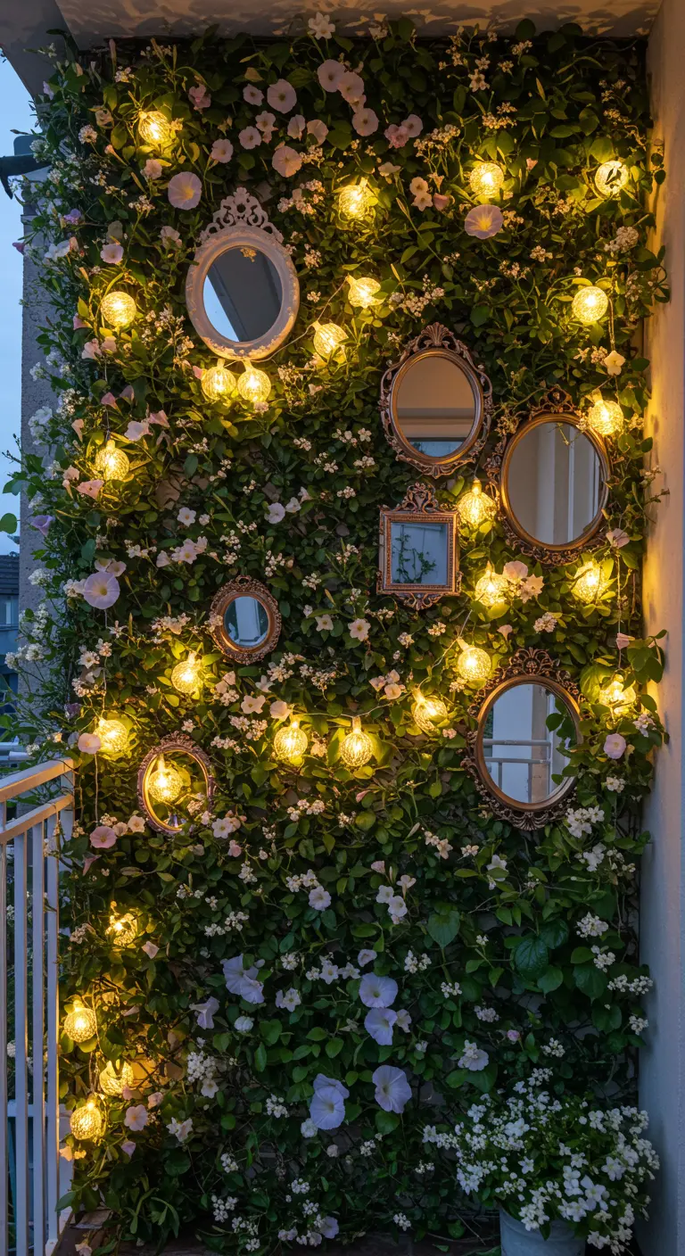 Een muur vol bloemen en groen, versierd met kleine spiegels en warme lichtjes.
