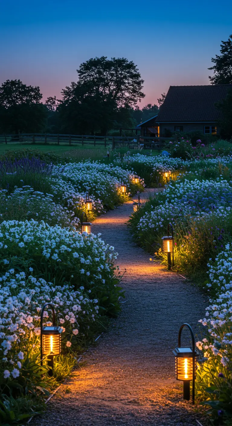 Kronkelend tuinpad verlicht door lantaarns bij schemering, omzoomd door witte bloemen die oplichten.