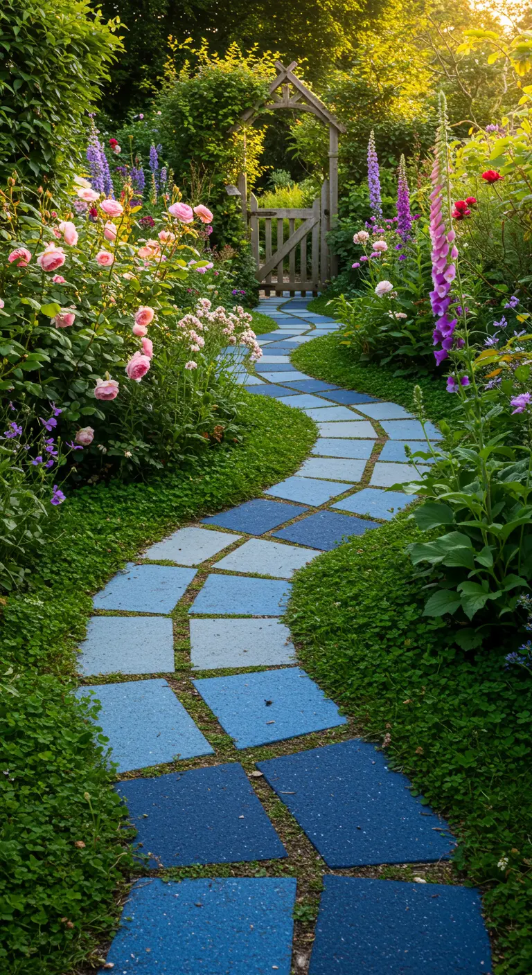 Slingerend tuinpad met blauwe vierkante tegels, omgeven door roze rozen en weelderig groen.